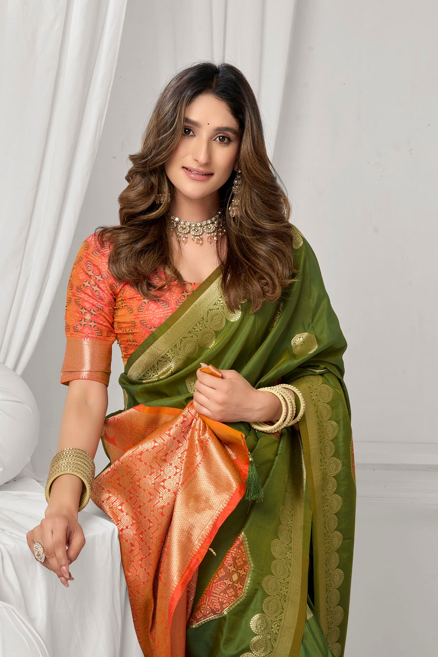 Olive Green Soft Silk Fancy Pompom Saree – Designer Festive Party Wear Saree