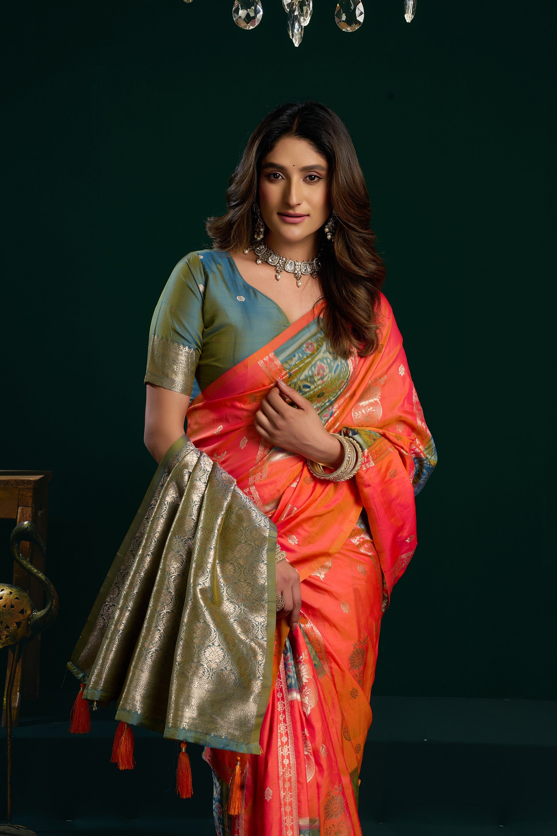 Orange Soft Silk Gold Zari Weaving Saree With Fancy Pumpum Saree With Blouse Piece