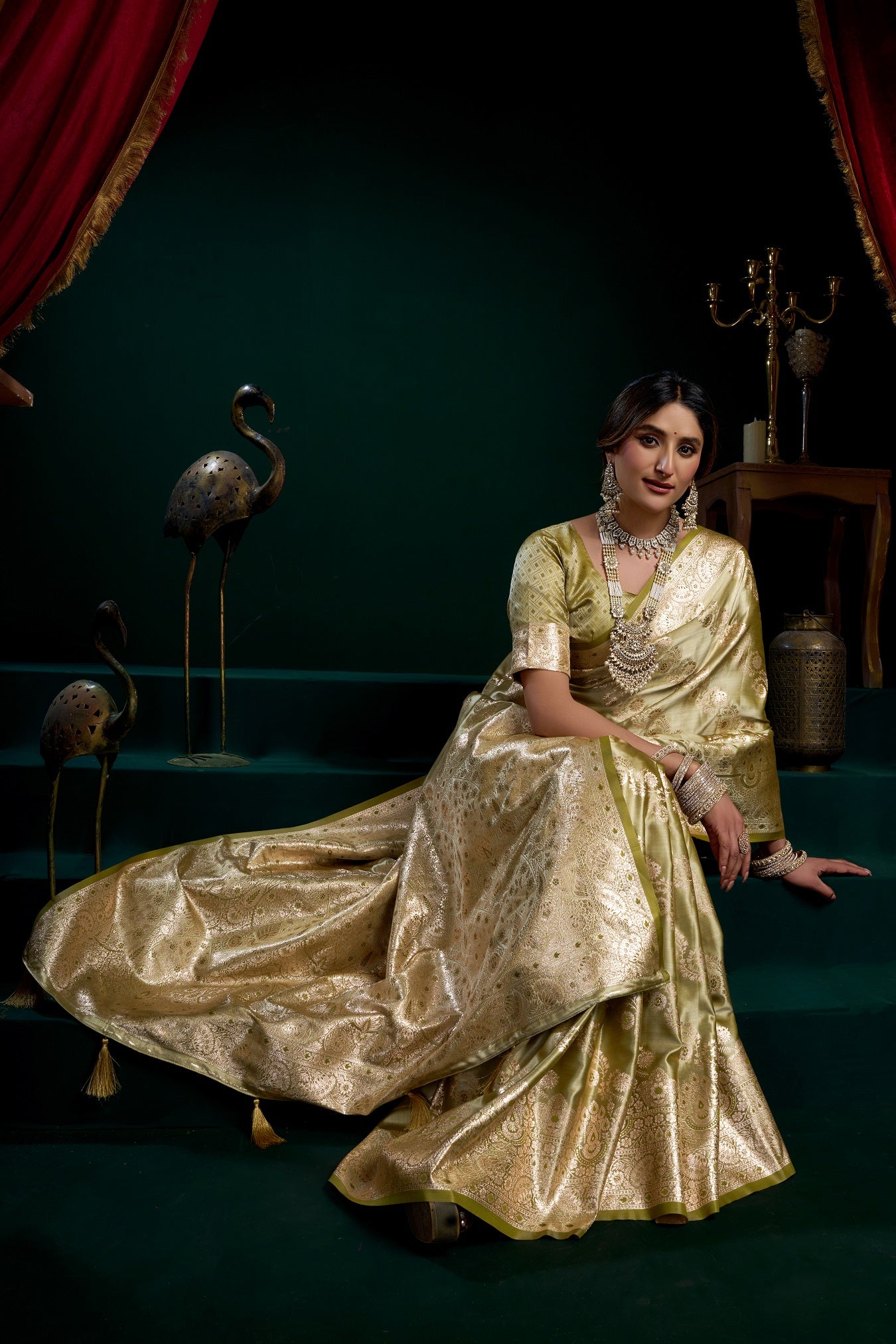 Olive Green Silk Blend Woven Saree – Elegant Designer Wedding & Festive Wear Saree for Women