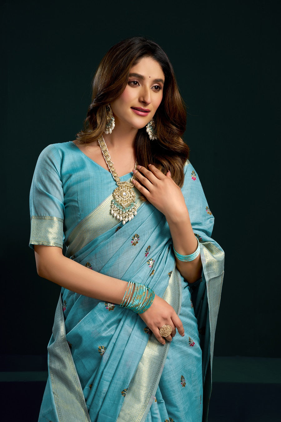 Aqua Blue Fancy Work Cotton Classic Designer Saree – Elegant Daily Wear & Festive Saree