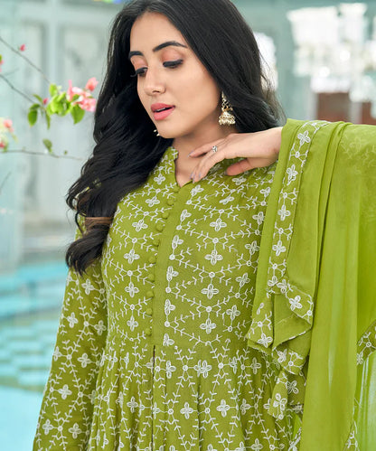 Green Sequence Lakhnavi Chikankari Embroidery Suit Set