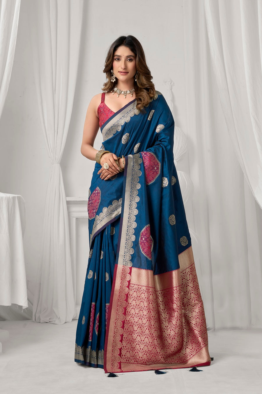 Navy Blue Soft Silk Fancy Pompom Saree – Designer Festive Party Wear Saree
