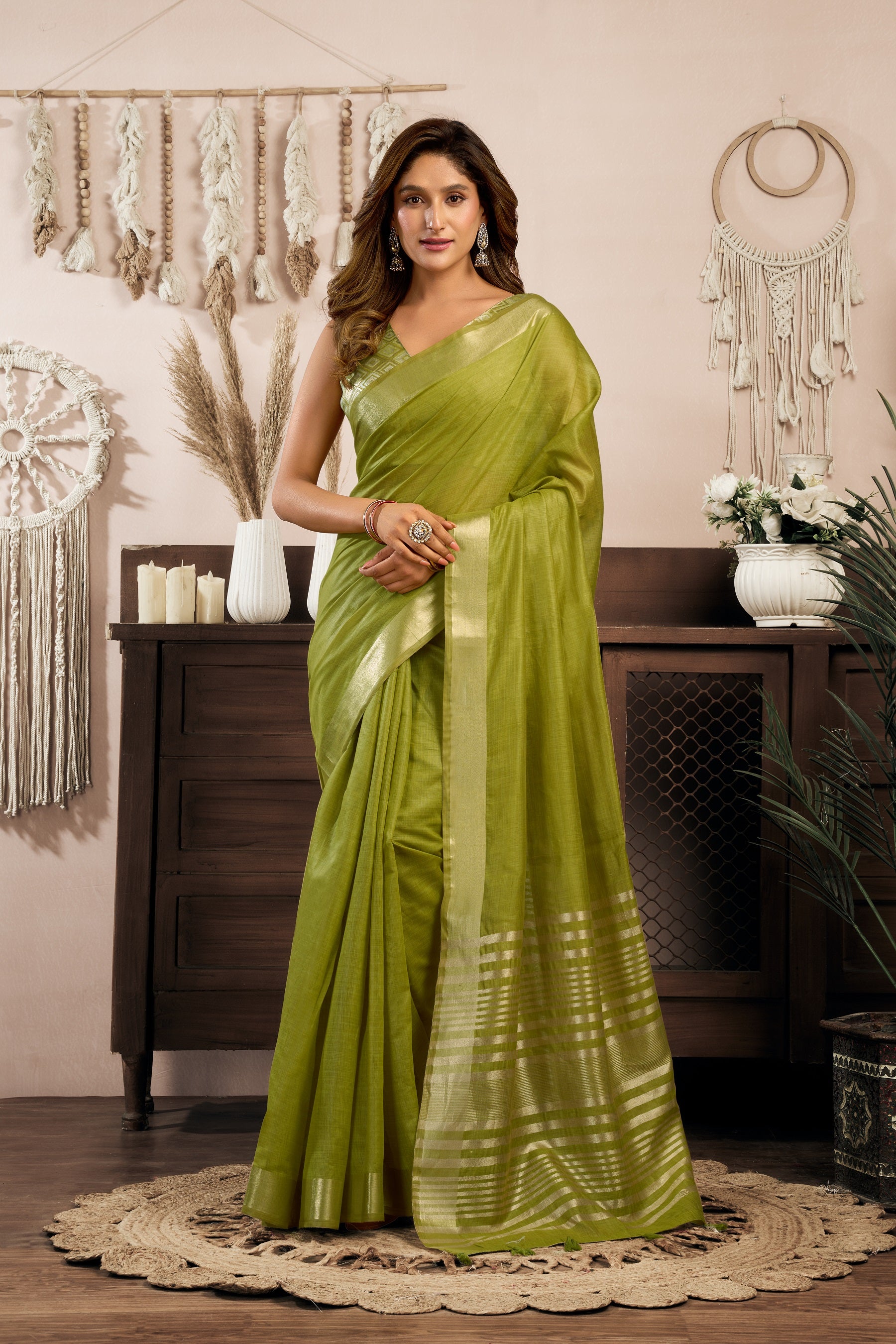 Light Green Khadi Cotton Saree with Brocade Blouse and Zhallar Detail by The Beauty Queen Surat