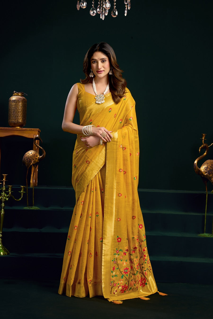 Yellow Fancy Work Cotton Classic Designer Saree – Elegant Daily Wear & Festive Saree