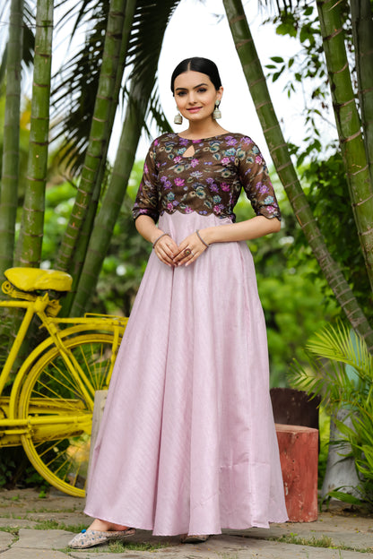 Lavender Tussar Satin Butti Modern And Ethnic Boat Neck Gown