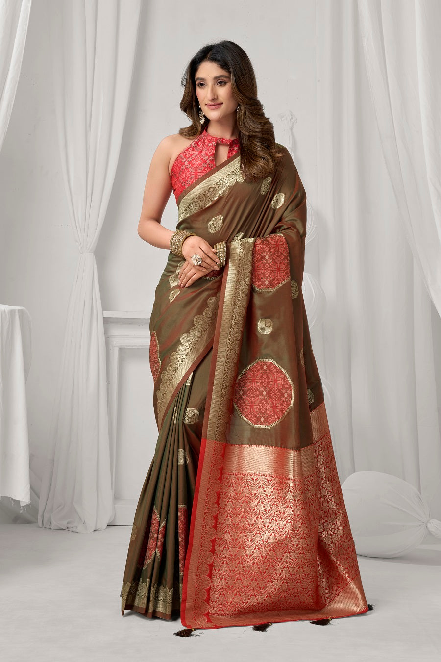Brown Soft Silk Fancy Pompom Saree – Designer Festive Party Wear Saree