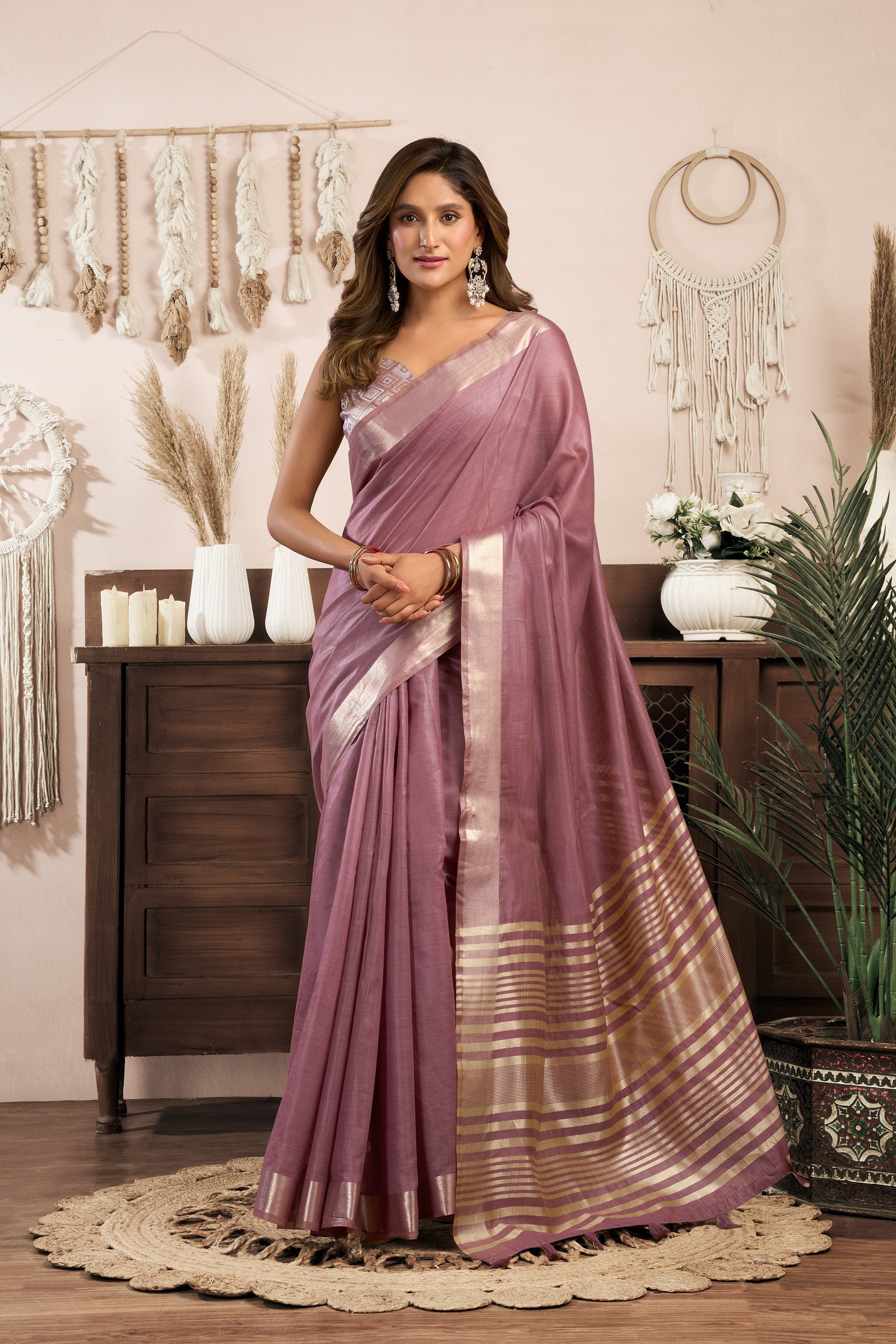 Lavender Khadi Cotton Saree with Brocade Blouse and Zhallar Detail by The Beauty Queen Surat