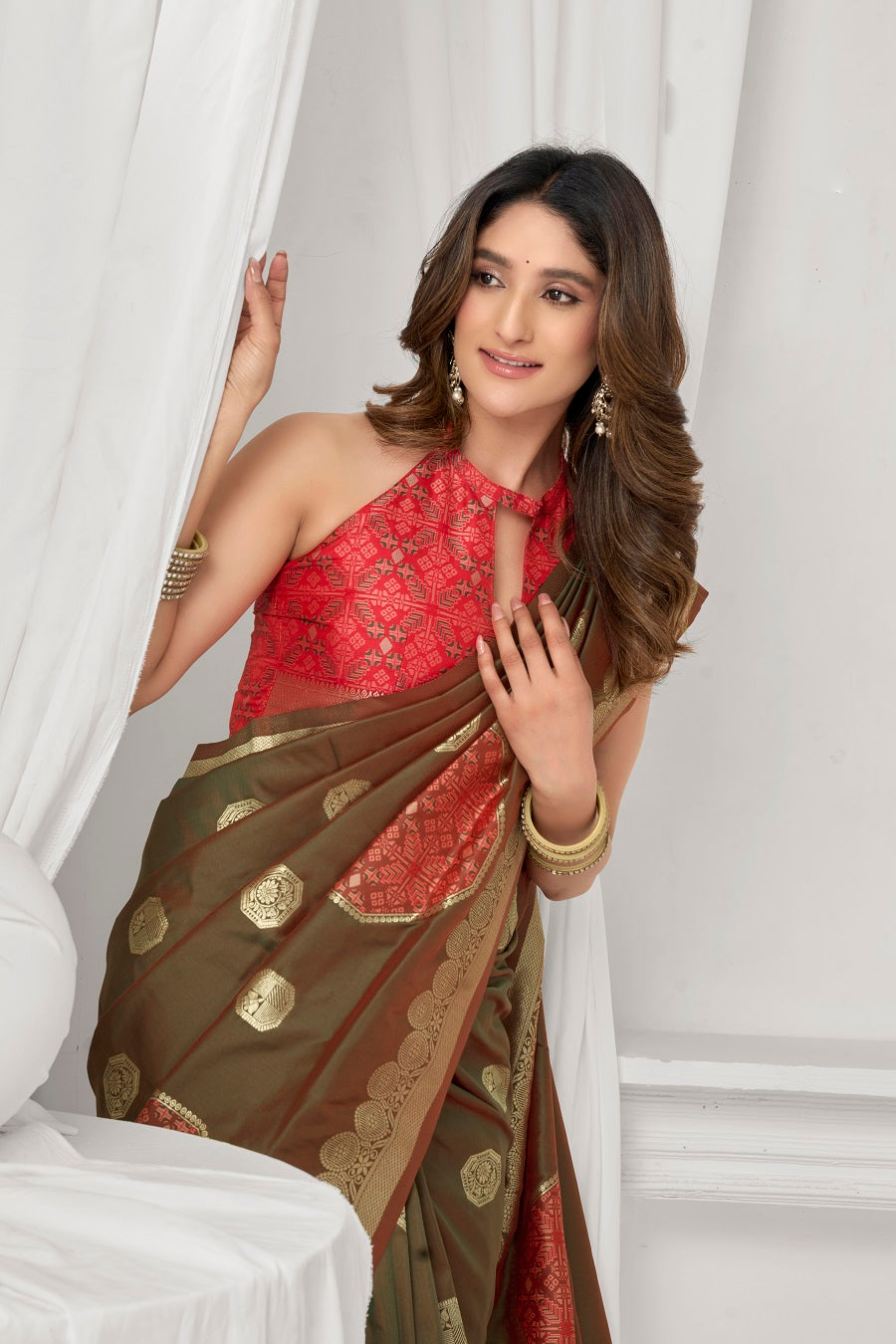 Brown Soft Silk Fancy Pompom Saree – Designer Festive Party Wear Saree