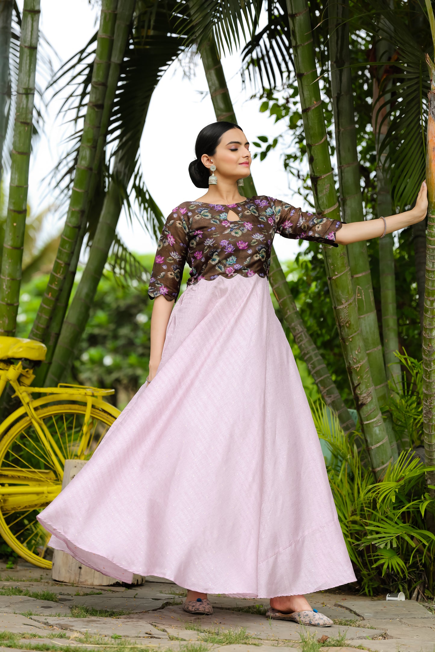 Lavender Tussar Satin Butti Modern And Ethnic Boat Neck Gown