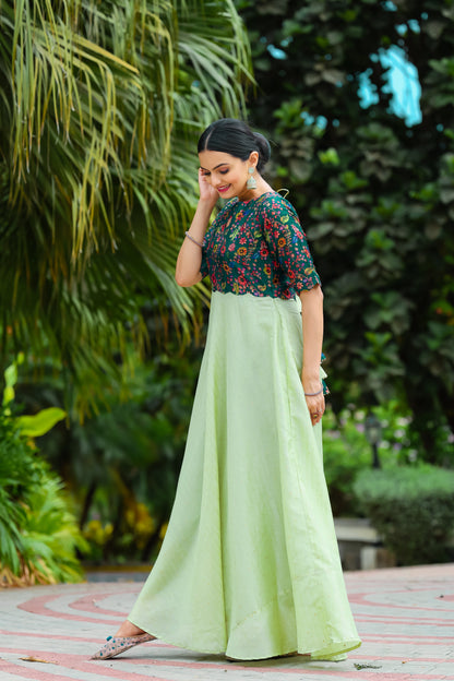 Pista Tussar Satin Butti Modern And Ethnic Boat Neck Gown