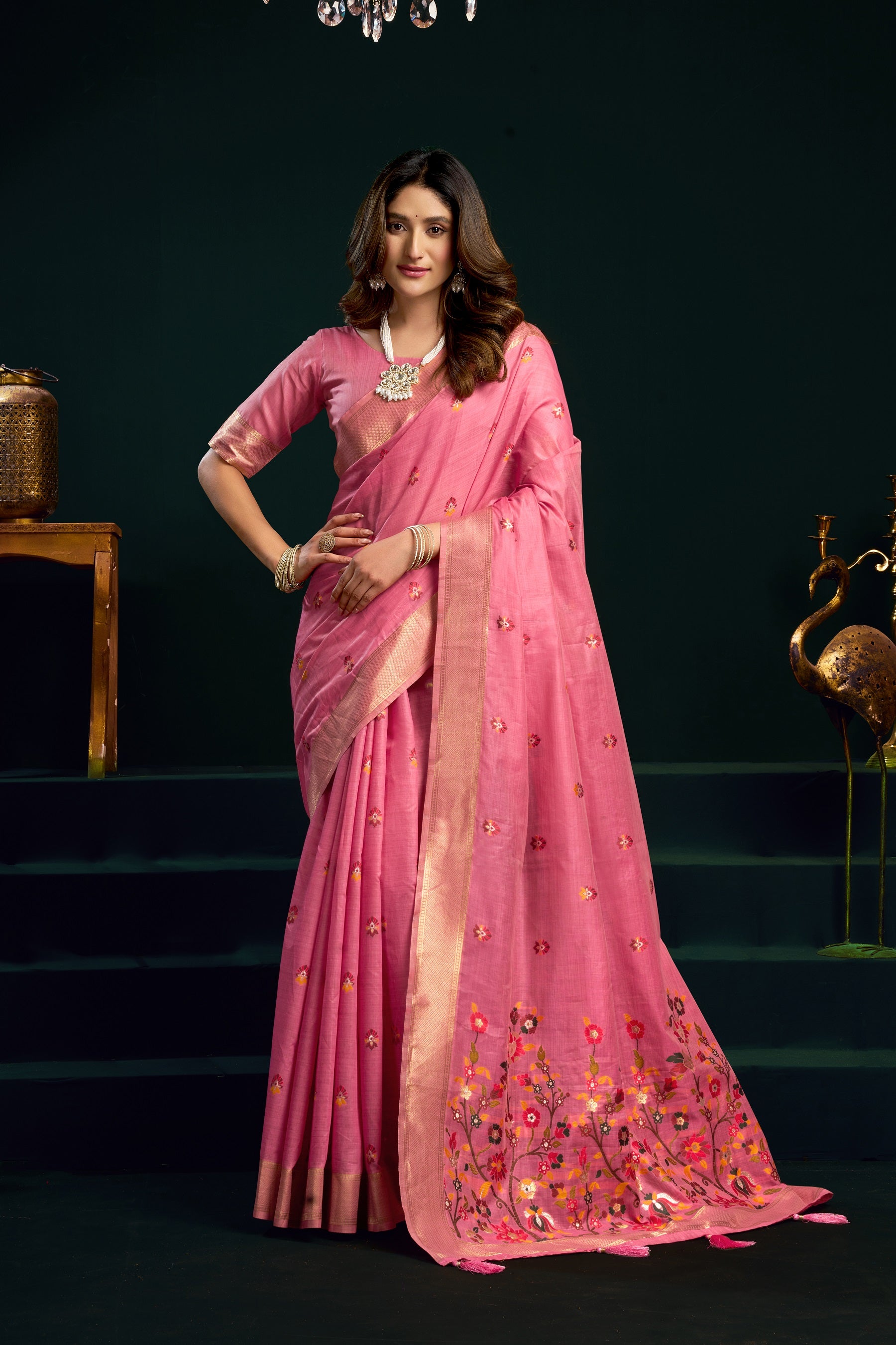 Pink Fancy Work Cotton Classic Designer Saree – Elegant Daily Wear & Festive Saree