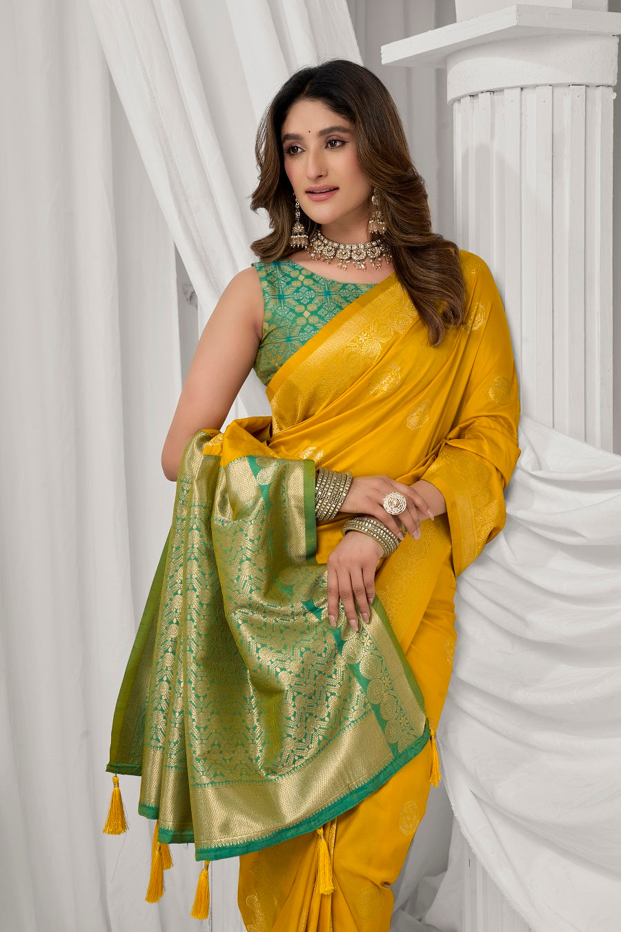 Yellow Soft Silk Fancy Pompom Saree – Designer Festive Party Wear Saree