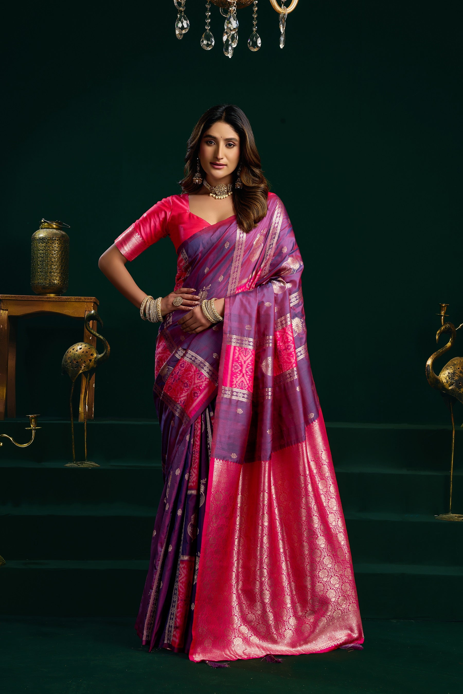 Purple Soft Silk Gold Zari Weaving Saree With Fancy Pumpum Saree With Blouse Piece