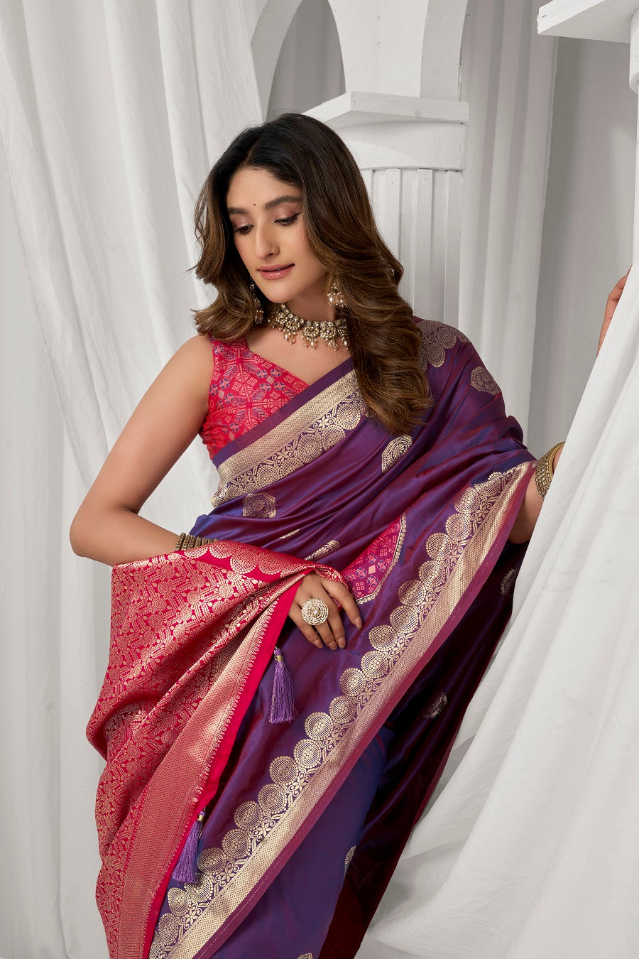 Dark Magenta Soft Silk Fancy Pompom Saree – Designer Festive Party Wear Saree
