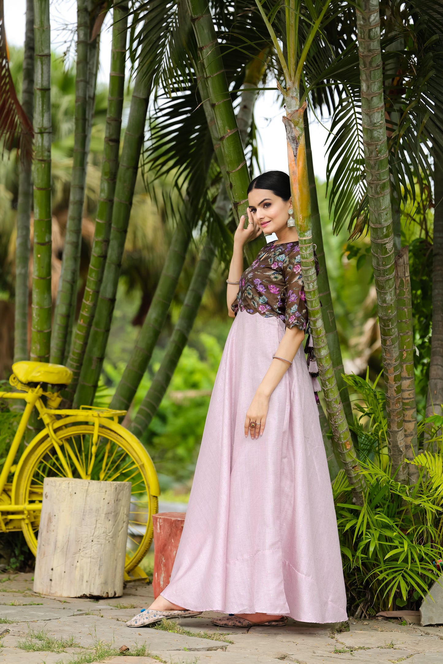 Lavender Tussar Satin Butti Modern And Ethnic Boat Neck Gown