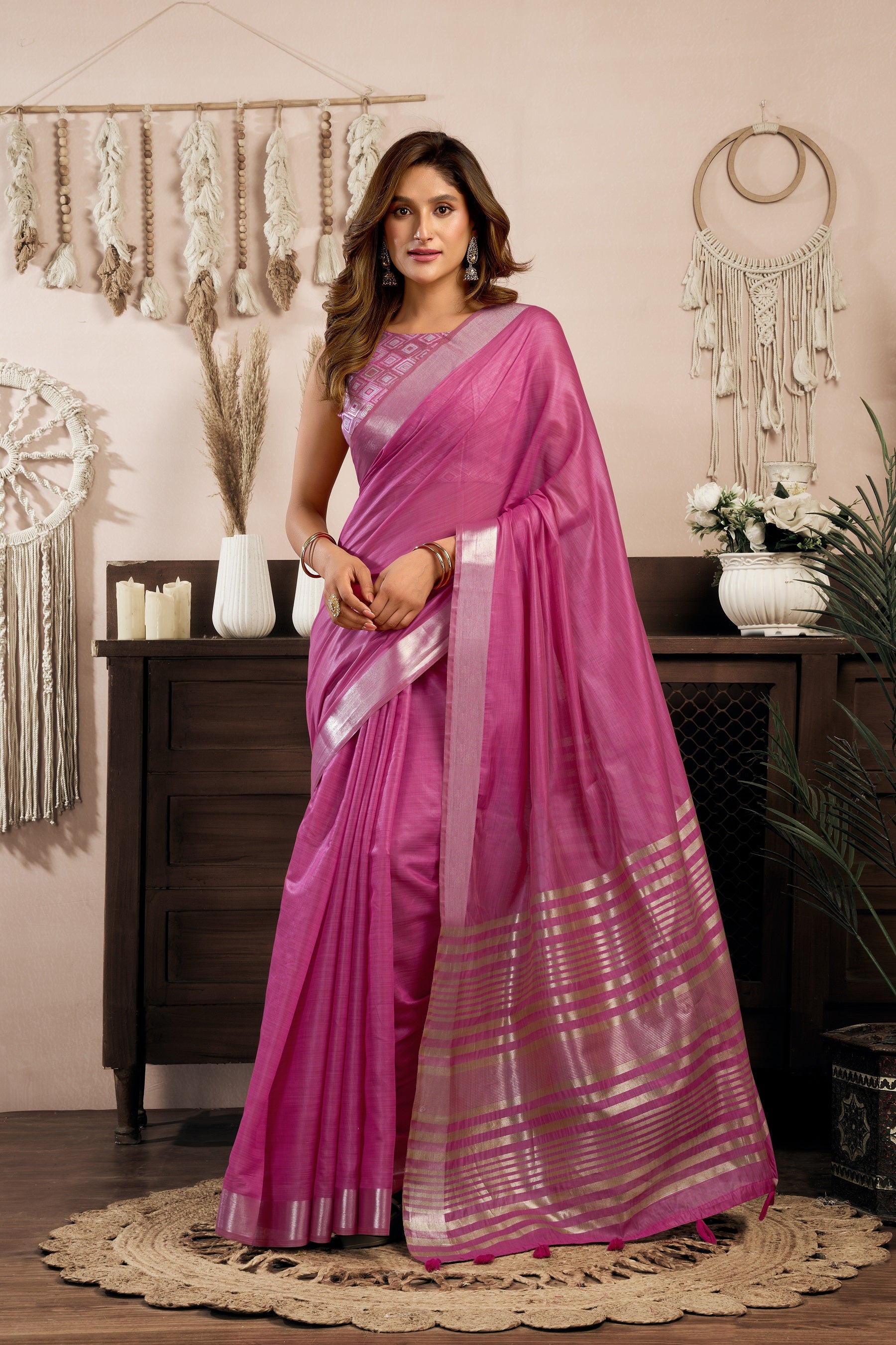Pink Khadi Cotton Saree with Brocade Blouse and Zhallar Detail by The Beauty Queen Surat