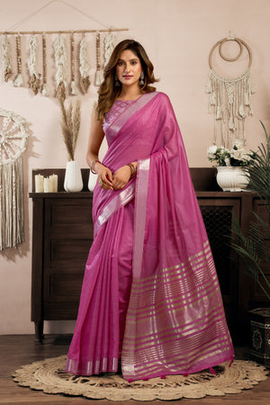 Pink Khadi Cotton Saree with Brocade Blouse and Zhallar Detail by The Beauty Queen Surat