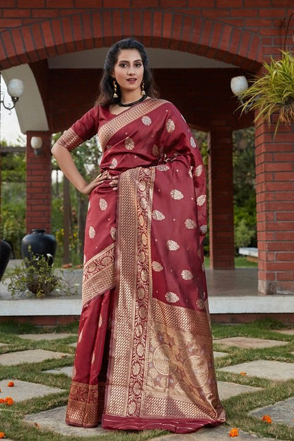 Wine Banarasi Weaving Saree With Blouse Fabric