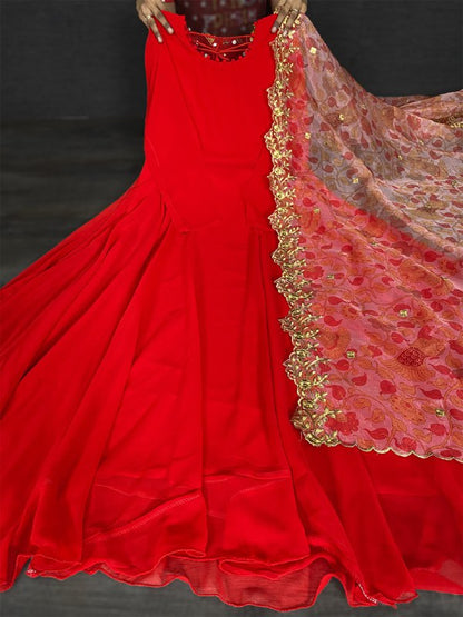 Red Blooming Georgette Plain Work Gown With Dupatta