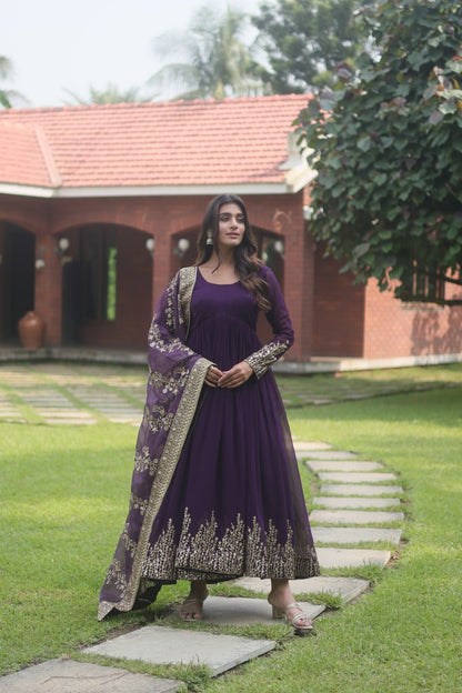 Purple  Faux Blooming Gown With Dupatta With Attractive Embroidered Sequins Work With Lace Border