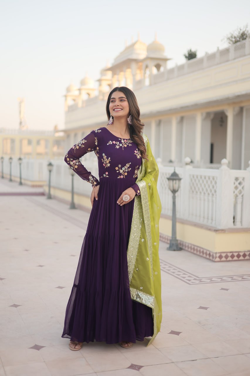 Purple Faux Georgette Gown With Russian Silk Dupatta With Adorable Embroidered Thread Work