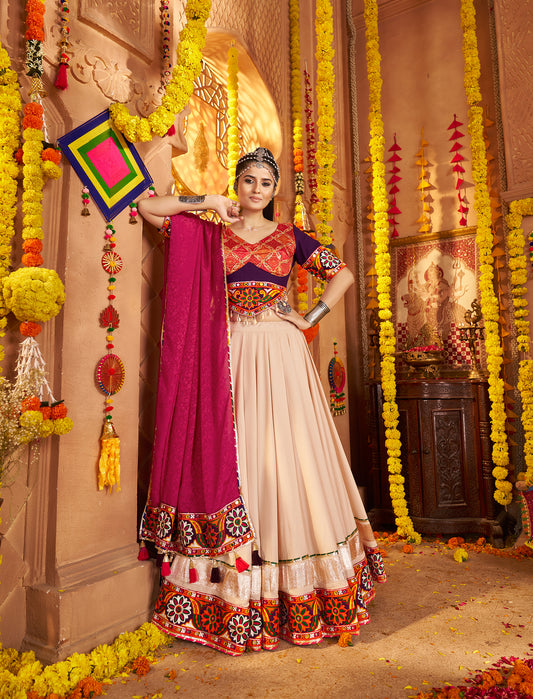 Designer Beige Ready to Wear Viscose Rayon Premium Navratri Lehenga Choli