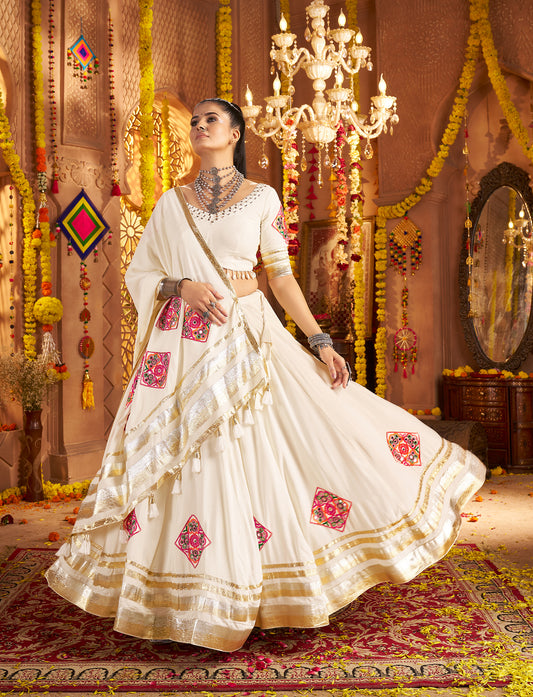 White Traditional Viscose Rayon Premium Navratri Lehenga Choli