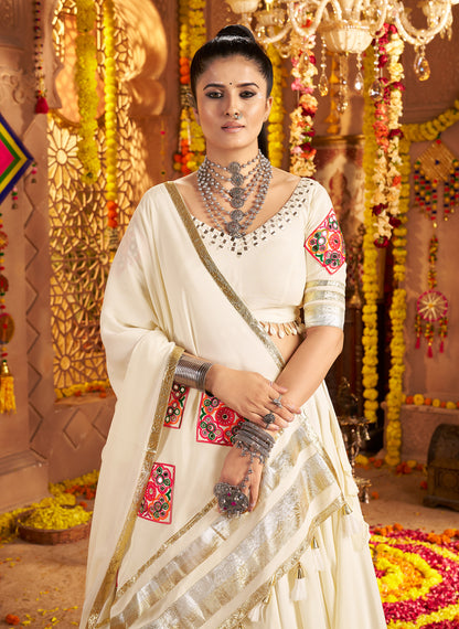 White Traditional Viscose Rayon Premium Navratri Lehenga Choli