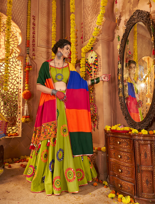 Vibrant Green Viscose Cotton Premium Navratri Lehenga Choli