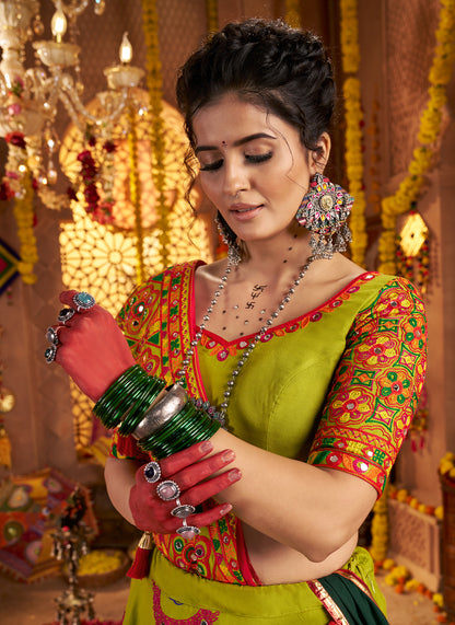 Vibrant Green Viscose Cotton Premium Navratri Lehenga Choli