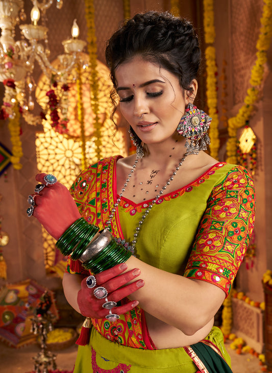 Vibrant Green Viscose Cotton Premium Navratri Lehenga Choli