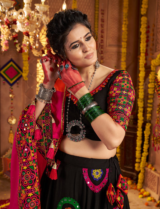 Black Color Traditional Viscose Cotton Premium Navratri Lehenga Choli