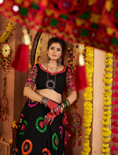 Black Color Traditional Viscose Cotton Premium Navratri Lehenga Choli