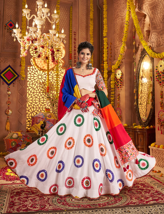 White Traditional Viscose Cotton Premium Navratri Lehenga Choli