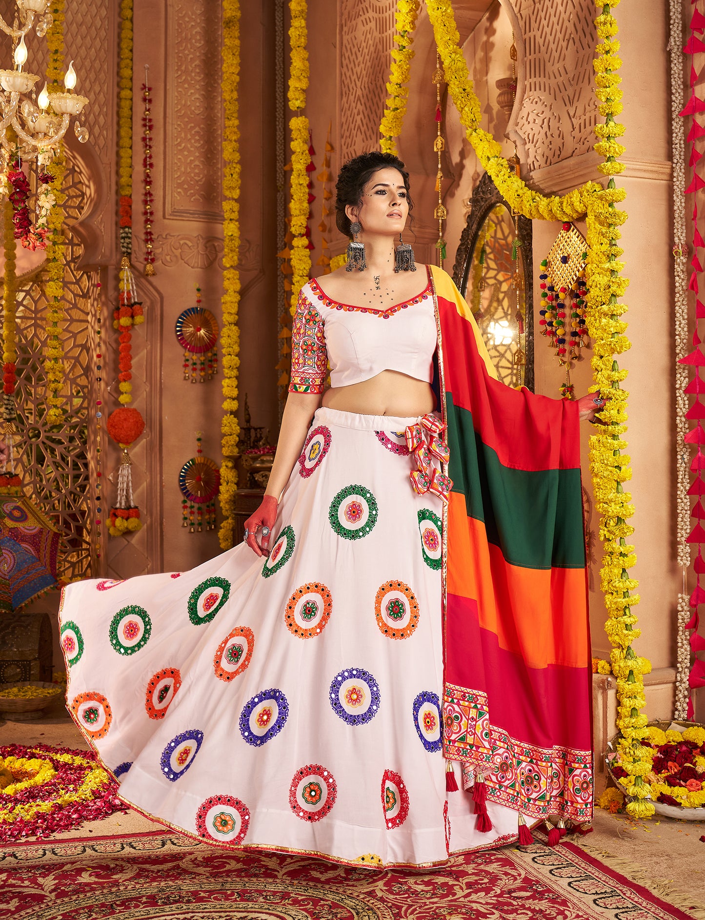 White Traditional Viscose Cotton Premium Navratri Lehenga Choli