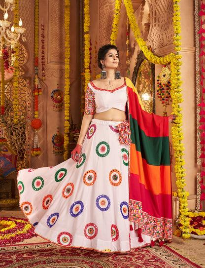 White Traditional Viscose Cotton Premium Navratri Lehenga Choli