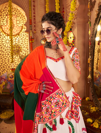 White Traditional Viscose Cotton Premium Navratri Lehenga Choli