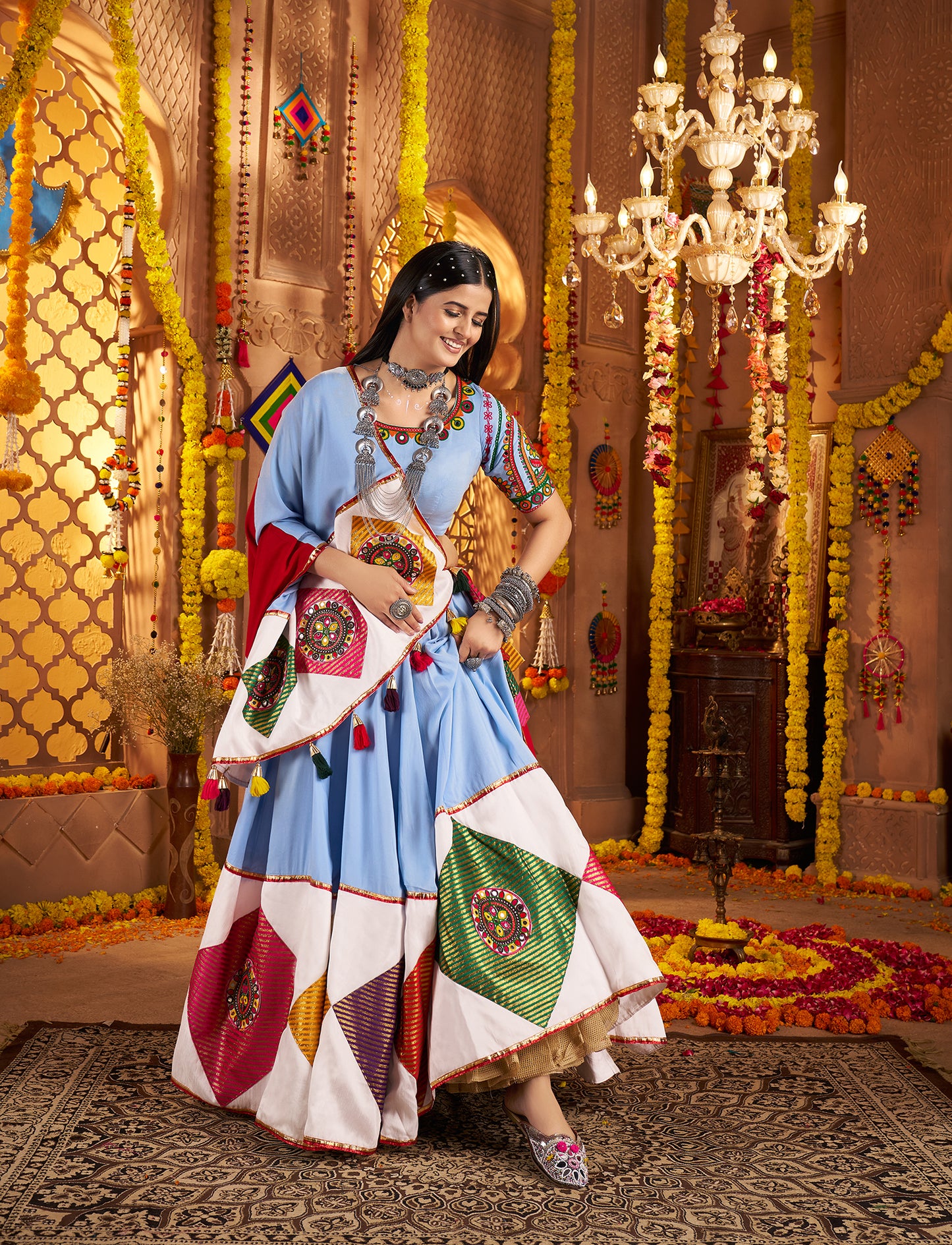 Light Blue Viscose Cotton Premium Navratri Lehenga Choli