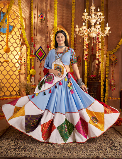 Light Blue Viscose Cotton Premium Navratri Lehenga Choli