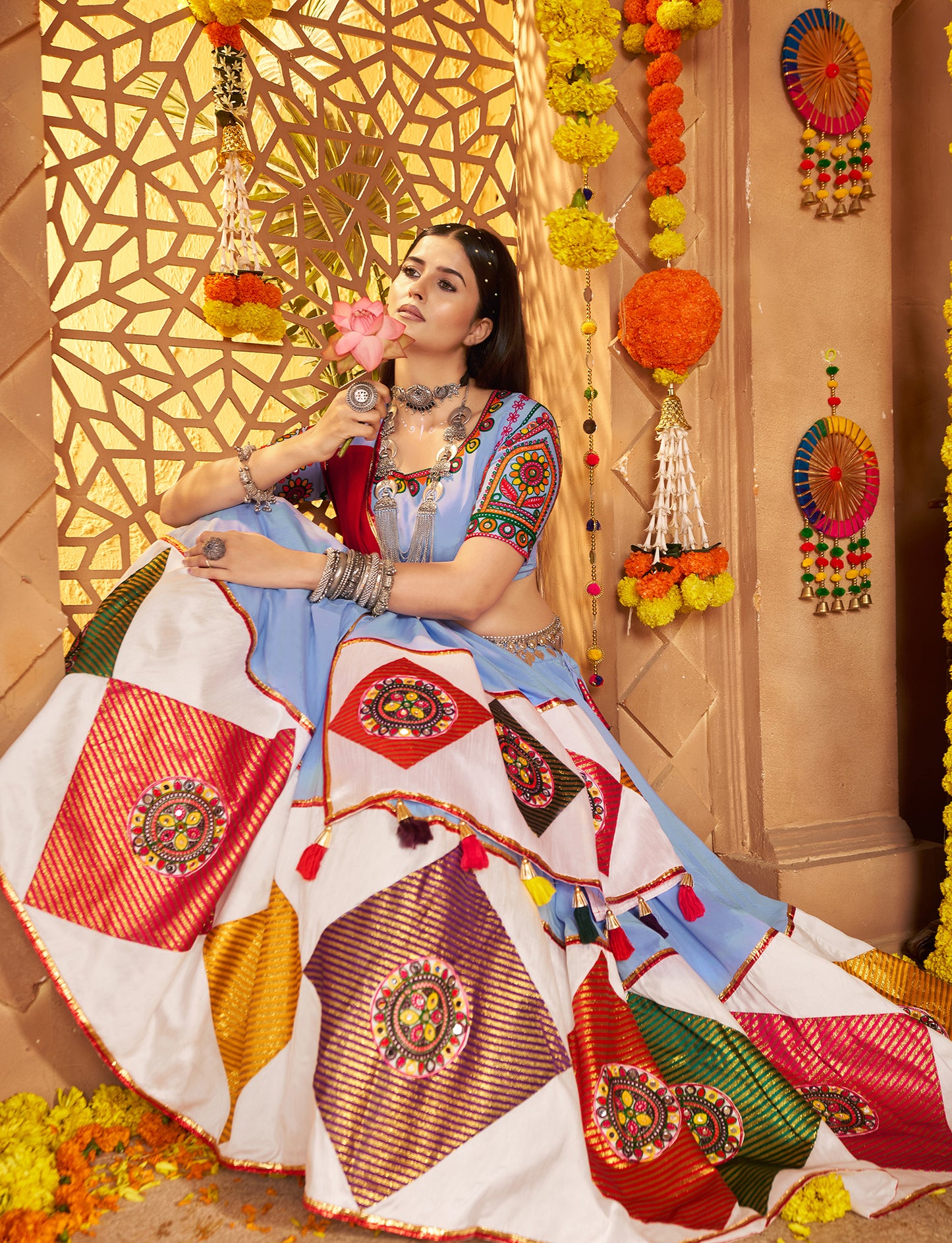 Light Blue Viscose Cotton Premium Navratri Lehenga Choli