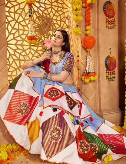 Light Blue Viscose Cotton Premium Navratri Lehenga Choli