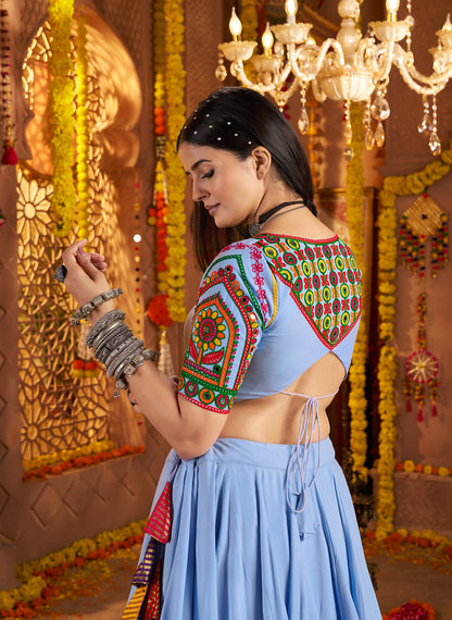 Light Blue Viscose Cotton Premium Navratri Lehenga Choli