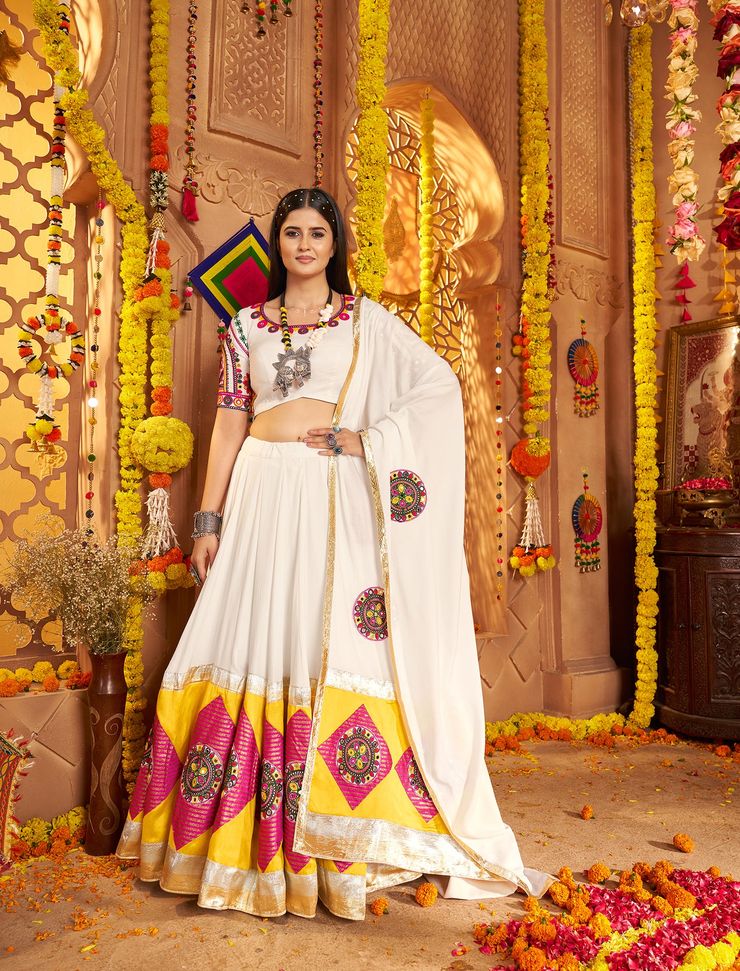 White Viscose Cotton Premium Navratri Lehenga Choli