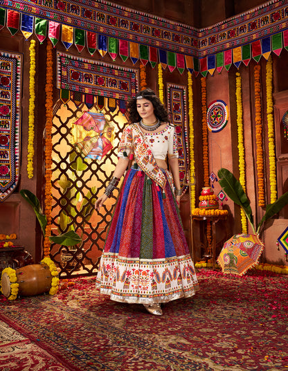 Multi Color Print with Mirror Work Navratri Lehenga Choli