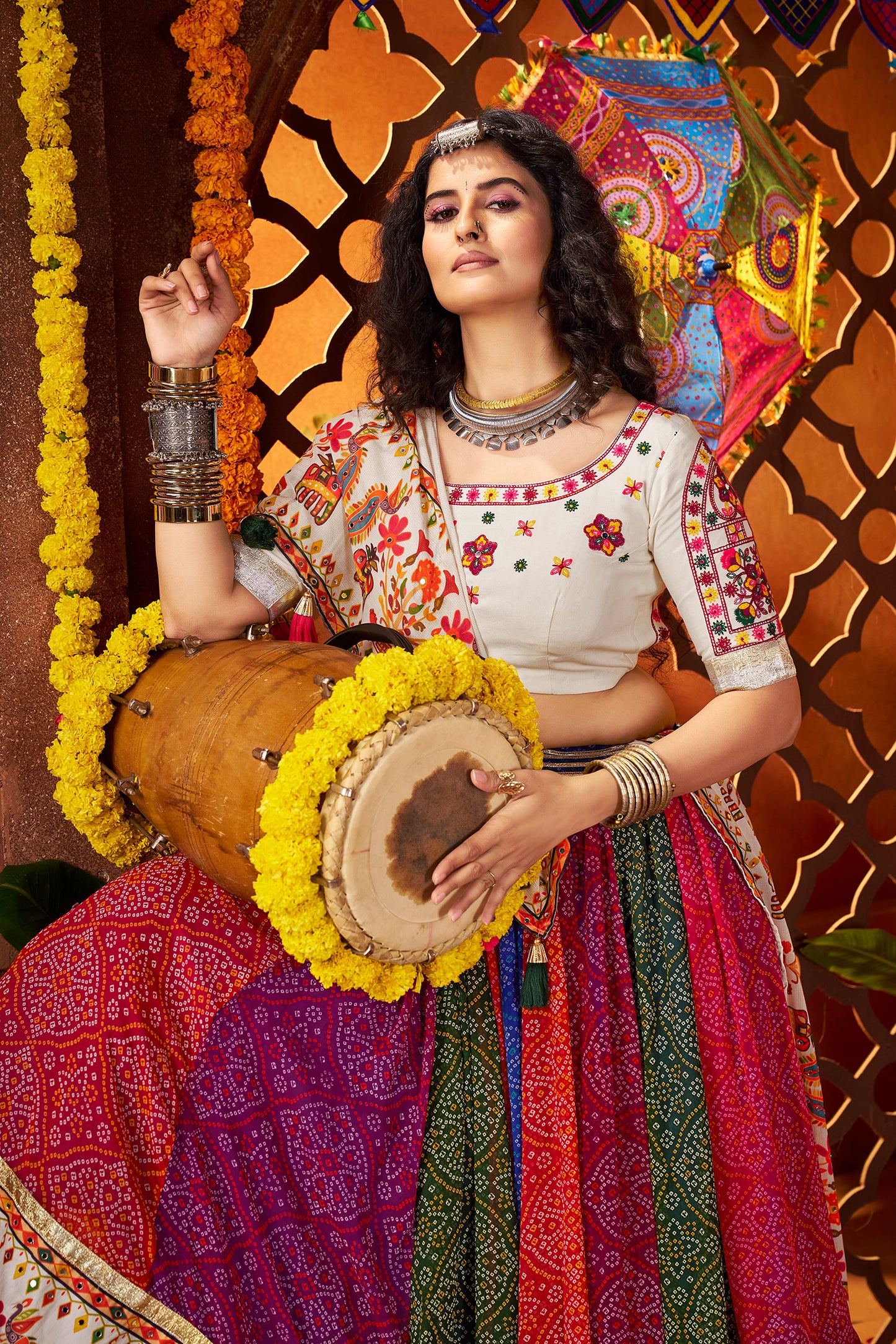 Multi Color Print with Mirror Work Navratri Lehenga Choli
