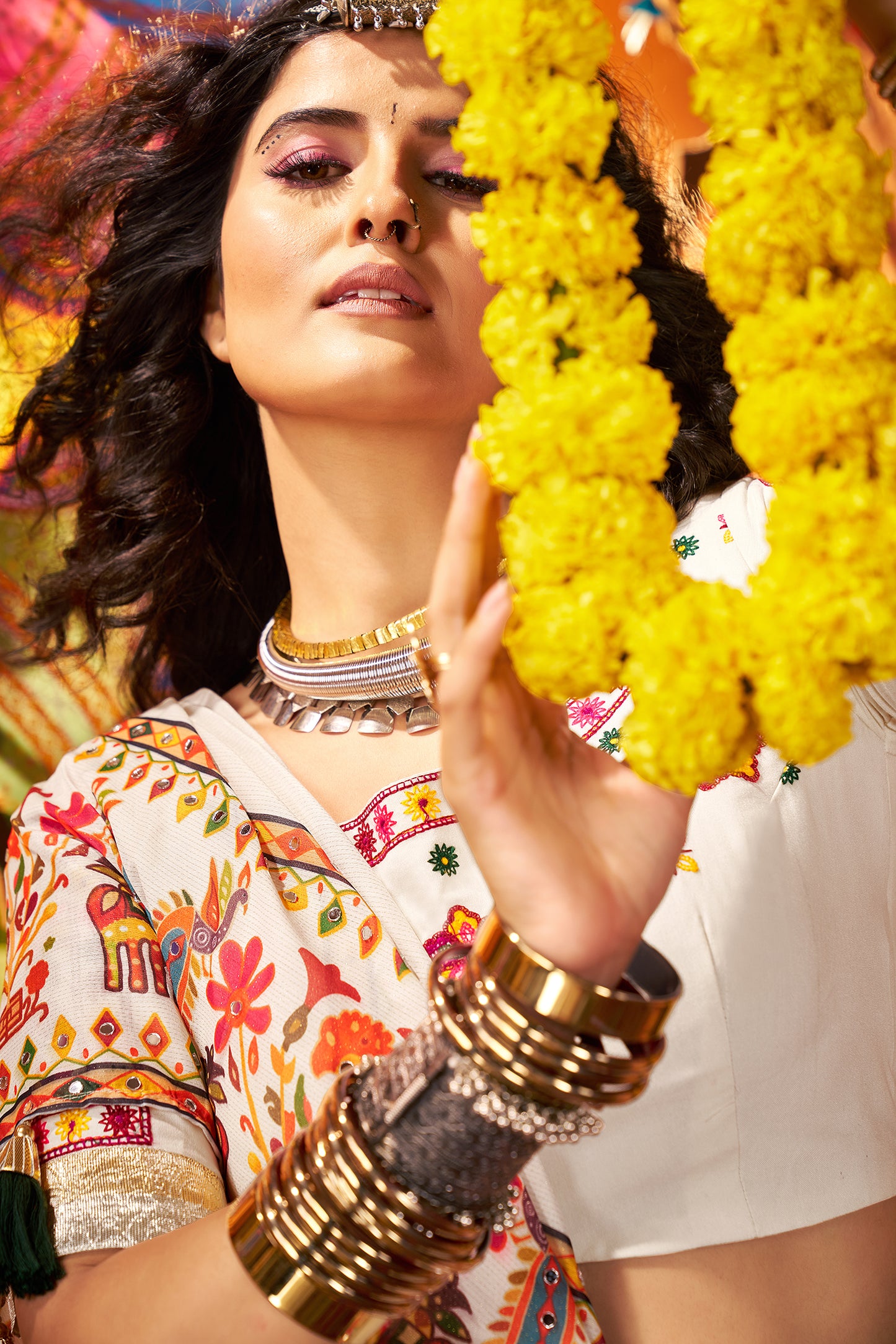 Multi Color Print with Mirror Work Navratri Lehenga Choli