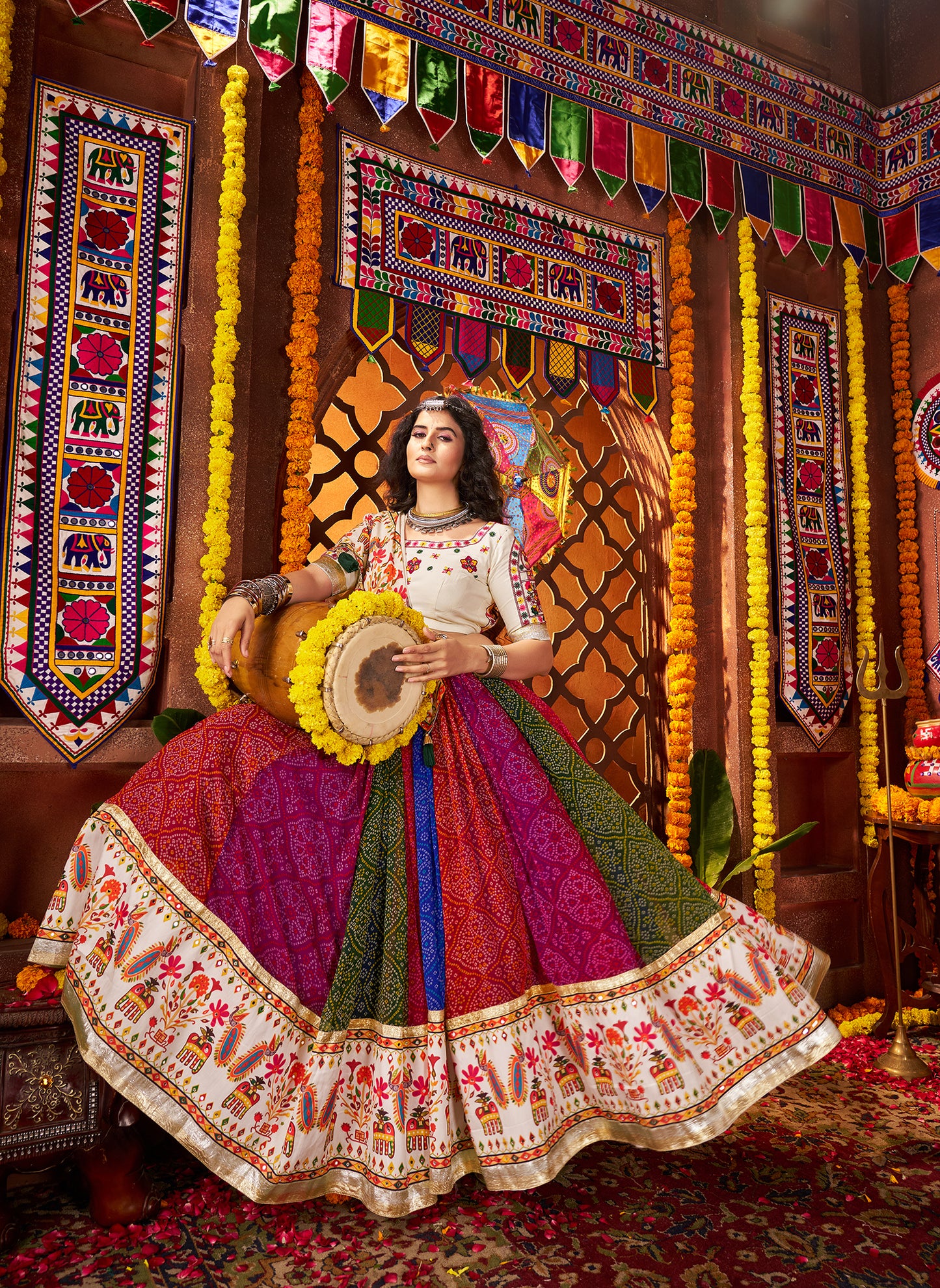 Multi Color Print with Mirror Work Navratri Lehenga Choli