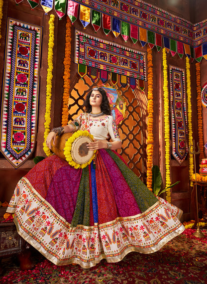 Multi Color Print with Mirror Work Navratri Lehenga Choli