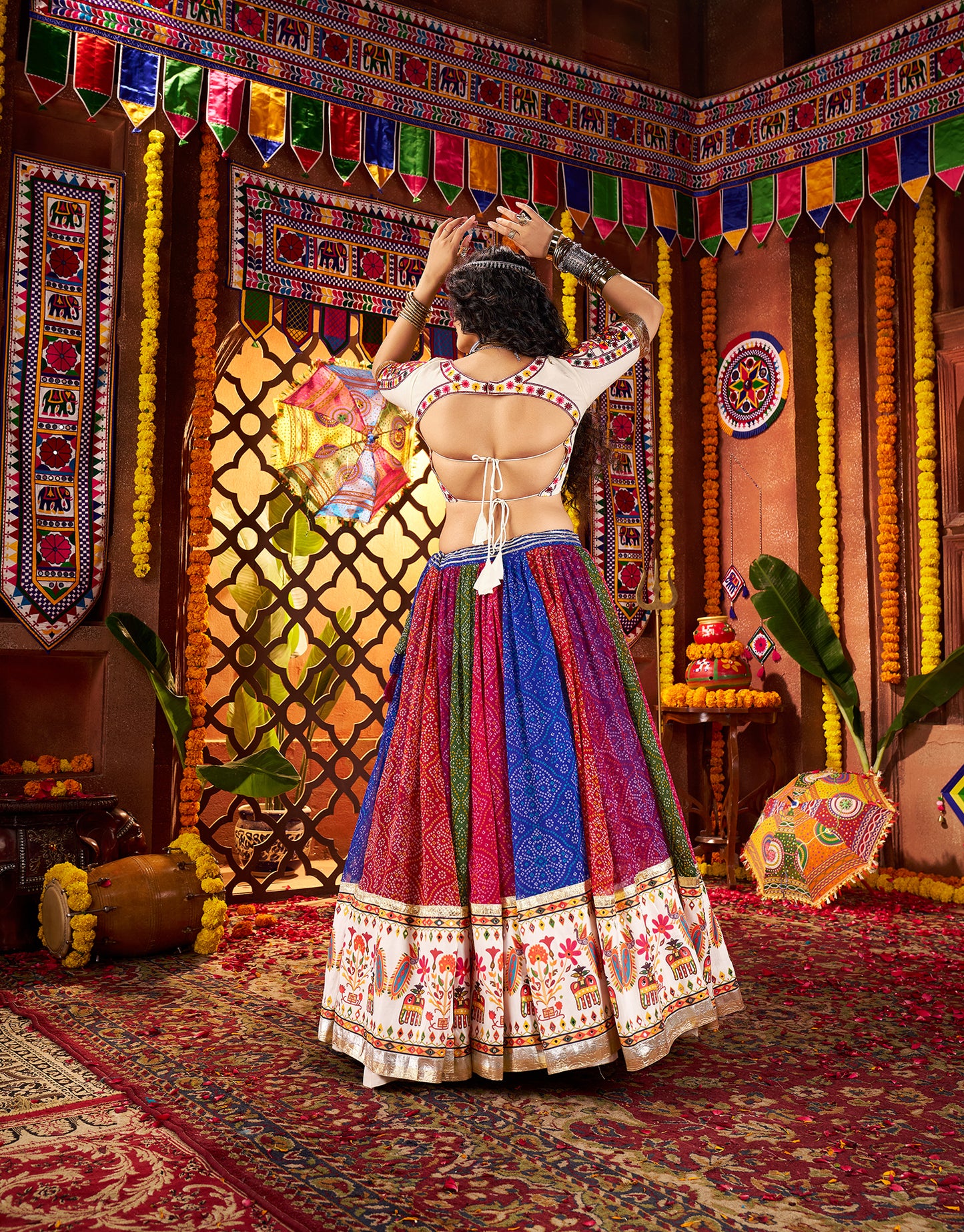 Multi Color Print with Mirror Work Navratri Lehenga Choli