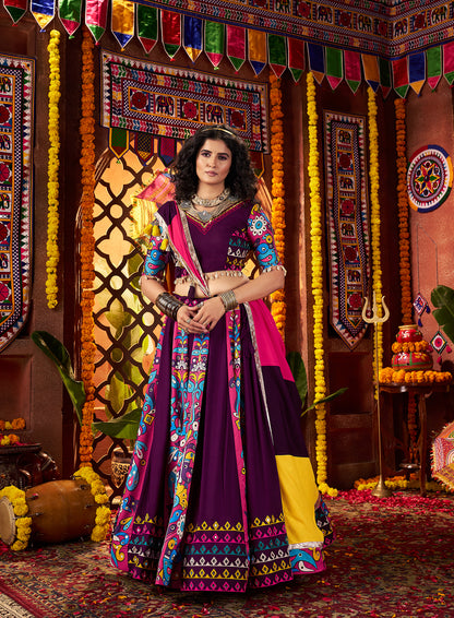 Traditional Purple Viscose Cotton Mirror Work Navratri Lehenga Choli